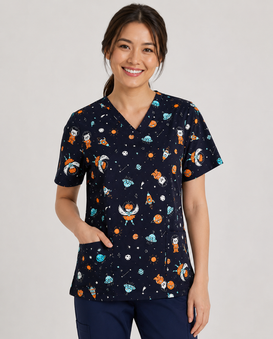 CST148LS - CLEARANCE - Womens Printed Space Party Scrub Top - BizCare