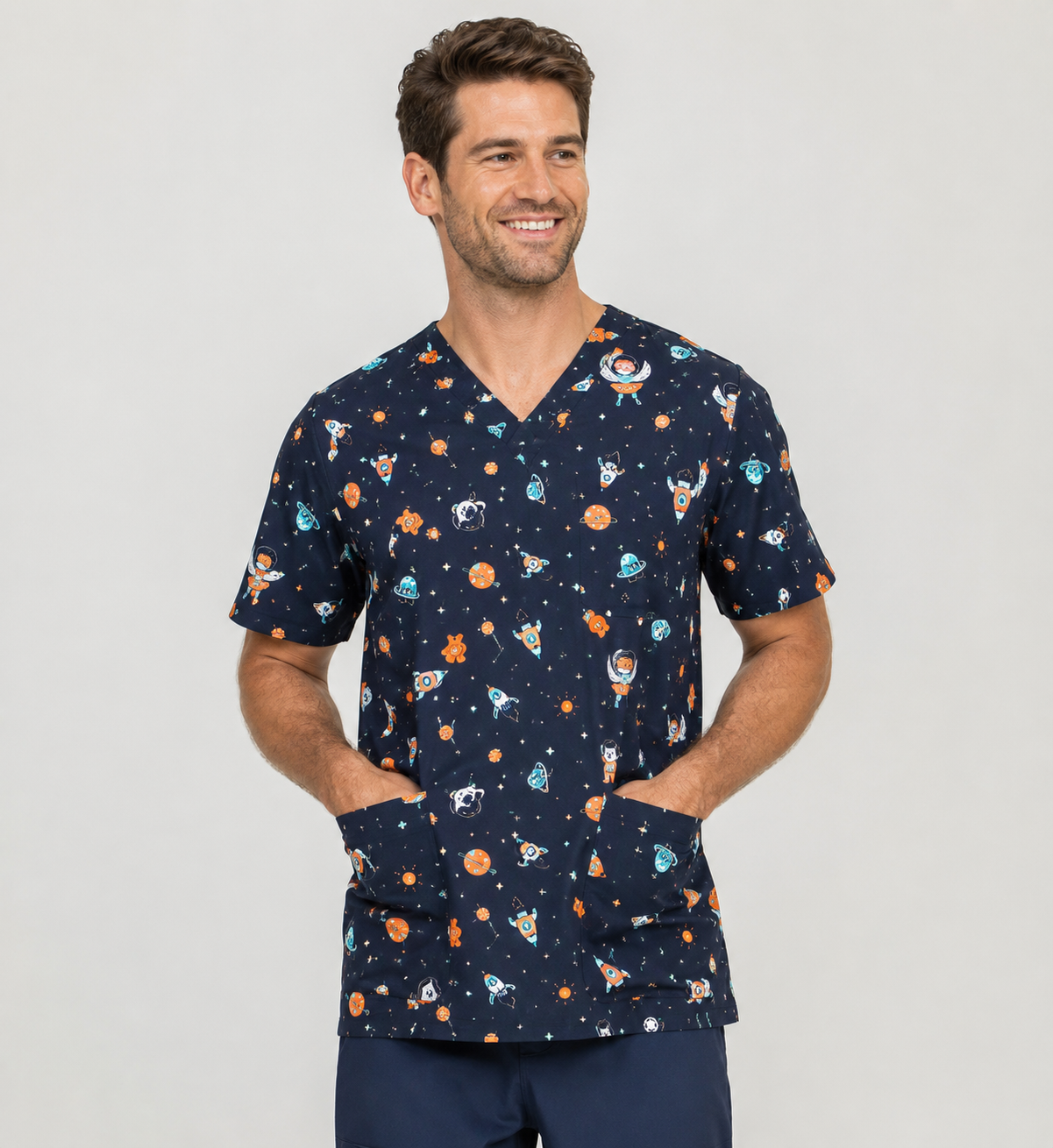 CST148MS - CLEARANCE - Mens Printed Space Party Scrub Top - BizCare